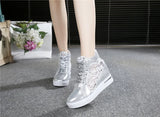 Women Wedge Platform Sneakers Rubber Brogue Leather High heels Lace Up Shoes Pointed Toe Height Increasing Creepers White