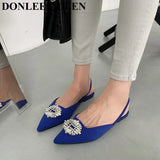 Brand Woman Sandals Luxury Crystal Slingback Flat Pointed Toe Mule Slip On Slide Rhinestone Vacation Shoes Big Size 41