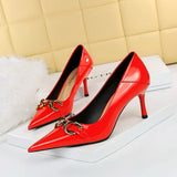 Breakj High-Heeled Women's Shoes Fine Heel Bright Face Lacquer Leather Shallow Mouth Tip OL High Heel Metal Belt Buckle Single