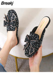 Women Square Toe Paillette Beads Mules Slippers Summer Shoes Womens Sandals Flip Flops Pearl Bling Glitter Slides Plus
