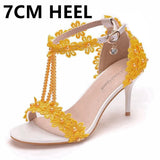 Queen High Heels 9CM 7CM 5CM Wedding Sandals Women Open Toe Strap Evening Party Summer Lace Flowers Pearl Tassel