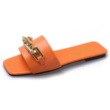 Breakj New Korean Version Of The Metal Chain A Word Cool Slippers Women Wear Flat-Bottomed Fashion