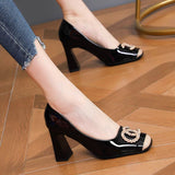 Breakj High Heel Women 2024 New Coarse Heel Metal Buckle Fashion French Single-Shoe Temperament Is Not Tired Small Leather