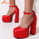 Chunky Heeled Satin Ankle Strap Pumps 2023 Spring Summer High Heel Wedding Shoes Walking Comfy Women Sandal Big Size