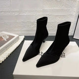 Breakj New Autumn And Winter 2024 Wind Silk And Satin Sleeve Fashion Pointed Short Boots Women's Thin Heel Elastic Silk Stockings Boots Short Tube Thin