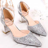 Breakj Shoes Crystal Shoes Women Wedding Shoes White Wedding Shoes Coarse Hedliers Buckle High