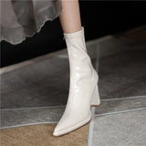 Women's Boots High Heels Half Footwear White Pointed Toe Elastic Shoes for Woman Mid Calf Elegant Heeled 2023 New Spring Pu
