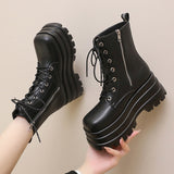 Punk Chunky Ankle Boots Women Autumn Winter PU Leather Platform Shoes Woman Gothic Thick Bottom Motorcycle Booties