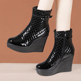 Autumn And Winter New Martin Boots Women's Leather Thick-Soled Waterproof Table High Heel Slope Show Thin Short Boots Women's Short