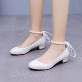 Breakj 3 Cm Square-Head Single Shoe With A Single Shoe Buckle Mary Jane White Shoes Beads Ribbon Wedding