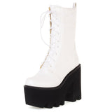 Large Size 44 Female Motorcycle Boots Square High Heel Zipper Lace Up Platform Boots Trendy Elegant Designer