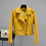Women Black Faux Leather Jackets Pu Motorcycle Zipper Faux Soft Leather Rivet Zipper Red Pink Turn-down Collar