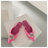 Brand Woman Sandals Luxury Crystal Slingback Flat Pointed Toe Mule Slip On Slide Rhinestone Vacation Shoes Big Size 41