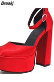 Chunky Heeled Satin Ankle Strap Pumps 2023 Spring Summer High Heel Wedding Shoes Walking Comfy Women Sandal Big Size