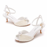 Breakj Cm Fish Mouth High-Heeled Sandals Shallow Mouth Buckle With Large-Size Round-Head High-Heeled Shoes Hollow Fish Mouthed Ribbon Pearl