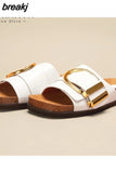 Size 35-39 Flats Sandals Women Leather Retro Low Heels Shoes For Women Summer 2023 Buckle Open Toe Slippers Home