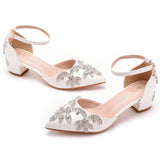 Breakj Cm Coarse Heel Pointed Shoes Hollow Shoes Square Sandals Water Drill Wedding Shoes Female White Wedding Shoes