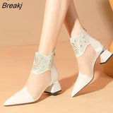 Sandals Boots Women Heels Ankle Boot Patent Leather Mesh Thick Heel Pointed Toe Shoes for Woman Behind Zip Women