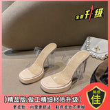 Breakj Women's Summer New Wearing Transparent Word With High-Heeled Slippers Waterproof Table Crystal Thick Tape Large-Size