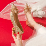 Butterfly-knot Flat Wedding Shoes Slip Shoes Women Shiny Gold Silver Bridal Shoes Beaded Flat Heels Med