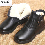 Solid Black Women Snow Boots Classic Plush Winter Shoes Female Ankle Boots Plus Size 35-43 Ladies Leather