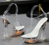 Color Square Heel Women Sandals Light Up Glowing Shoes Luminous Clear Sandals Platform Shoes High Heel 15cm Transparent