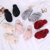 Winter Women House Slippers Faux Fur Fashion Cross Warm Shoes Woman Flats Female Open Toes Slides Pink Cozy Furry