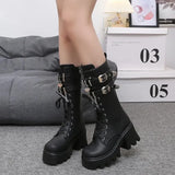 Women's Punk Gothic Boots 2023 Fashion Buckle Chain High Heels Mid Calf Boots Women Black Pu Leather Plus Size 42 Autumn