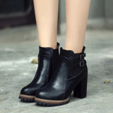 Spring Fashion Women Boots Women Ankle Boot Zipper High Hoof Heel Buckle Punk Motorcycle Boots Shoes Woman Black