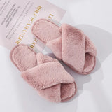 Winter Women House Slippers Faux Fur Fashion Cross Warm Shoes Woman Flats Female Open Toes Slides Pink Cozy Furry