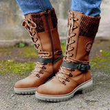 Medium-Sized Women's Boots 2024 Winter New Round Head Square Heel Leather Buckle Wool Spliced Martin