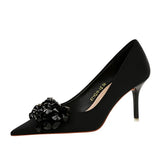 Breakj 27 Banquet High Heels Light Luxury Women's Shoes Satin Shallow Pointed Bow High Heel Single