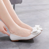 Breakj White Pointed Flat-Soled Single Shoes Women's Working Women's Shoes Bow Women's Shoes Large Size 41-43 Bridal Shoes Wedding