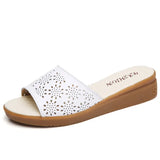 summer cow flat leather women slippers non-slip lower tendon ladies slippers solid hollow one button mothers