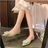 Rhinestone Square Buckle Decor Chunky Heeled Pumps 2023 New Party Wedding Shoes Fashion Pointed Toe Low Heel High