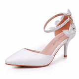 Breakj Lace Flower Wedding Shoes One-Word Wristband Bridal Shoes Fine Heel Sharp Wedding Shoes Women Sandals Car Show