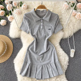 Women Dress Solid Turn down Collar Short Sleeve Buttons Mini Dress Fashion Streetwear Casual Female Pleated Dress