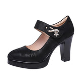 Catwalk High Heels Women's Thick Heels Waterproof Table Pointed Black Work Shoes Velcro Women's Singles