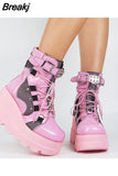 Brand Design Black Gothic Style High Heels Black Front Zipper Ankle Platform Boots Street Cool Woman Wedges