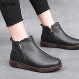 Genuine Cow Leather Women Ankle Boots Plush Warm Flat Comfortable Booties Autumn Winter Shoes Platform Large Size