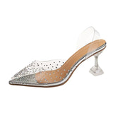 2023 Summer New Korean Version Pointed Diamond Wine Glass With High Heel Sandals Women's Fashion Transparent Crystal