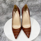 Coffee Brown Crocodile Effect Women Sexy 80 100 120 High Heel Party Shoes Ladies Slip On Pointy Toe Stiletto