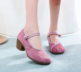 Breakj Heel High Heels Single Shoes Ethnic Style Embroidered Cloth Shoes Retro One Word With Thick Heel Solid Color Women's