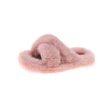 Women Cross House Furry Slippers Fashion Faux Fur Warm Shoes Women Slip on Flats Female Home Open Toe Pink Plush