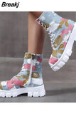 Denim Women's Boots Ladies Chunky Heel Platform Round Toe Shoes Denim Ankle Women Boot Jeans Casual Lace Up Sports Boot