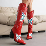 Big Size 34-43 Women Knee High Boots Cowboy Autumn Thick High Heels Pointed Toe Retro Butterfly Long Boots Shoes