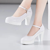 Heel 12Cm Cheongsam Model Catwalk Shoes Women's Thick Heel Thick-Soled Waterproof Platform Non-Slip Round Head Soft Leather Large-Size Single