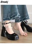 Ladies High Heels Elegant Bow Square Toe Black High Heels Fashion Thick Heel Wedding Party Pearl Lace Wedding