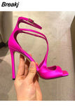 Women's Luxury Sandals Summer Pink Satin Open Toe Stiletto Sandals Concise High Heels Women Pumps Ankle Straps Designer