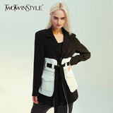 Patchwork Hit Color Jackets For Women Notched Collar Long Sleeve High Waist Lace Up Coats Female Fashion 2022